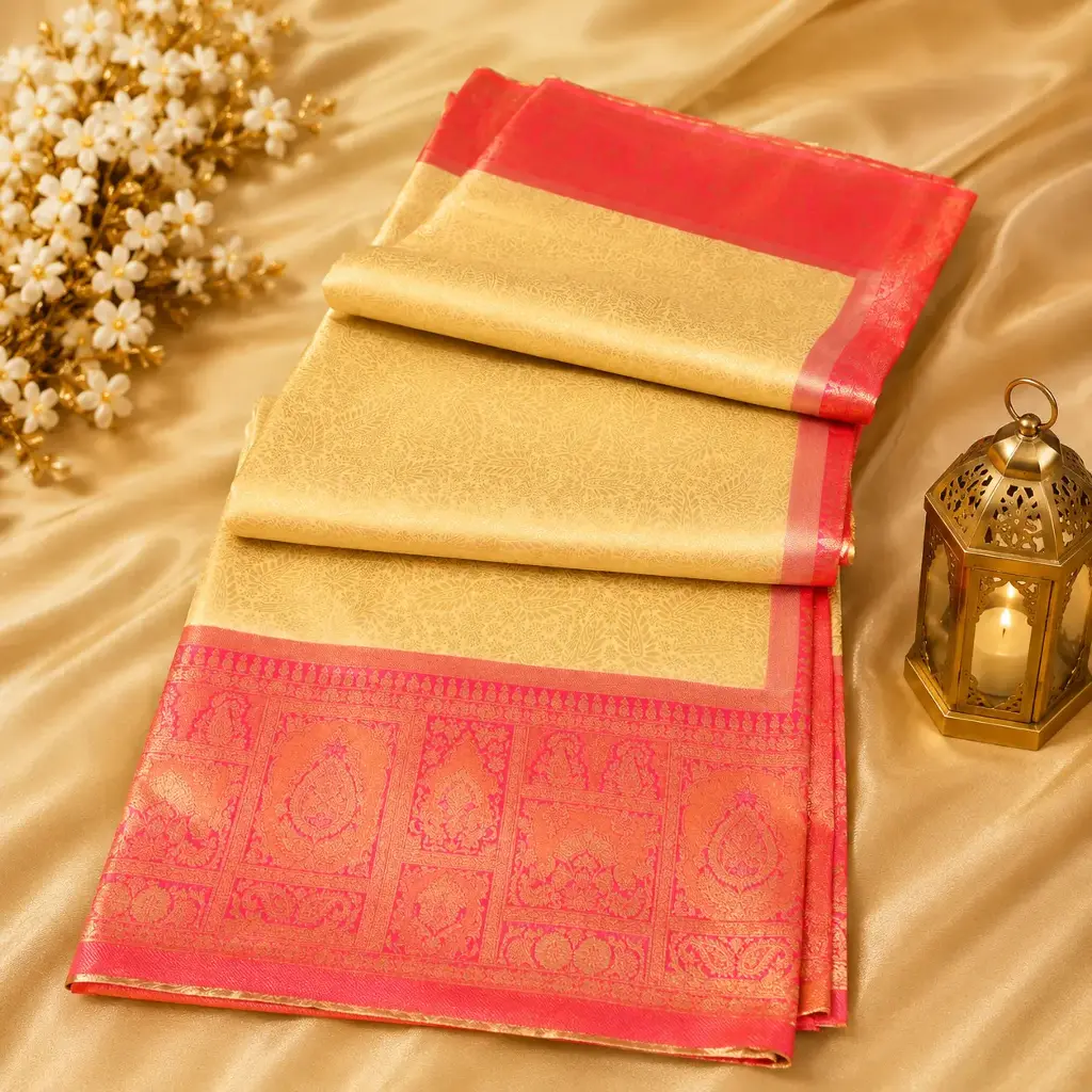Beige Gold Silk Saree with Coral Pink Zari Border & Jacquard Weave