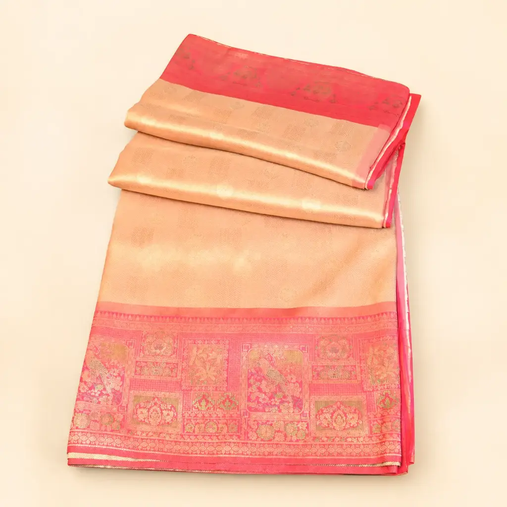 Peach Gold Banarasi Style Saree with Pink Peacock Zari Border