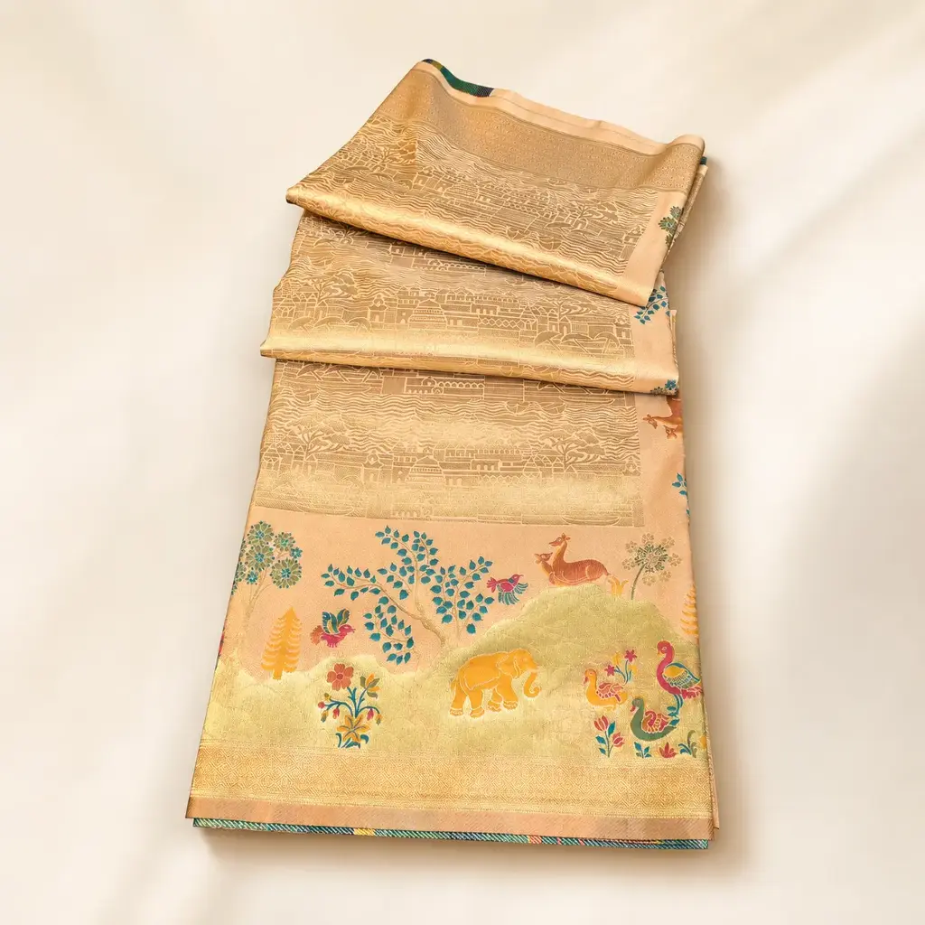 Peach Gold Banarasi Style Saree with Animal Scene Zari Border