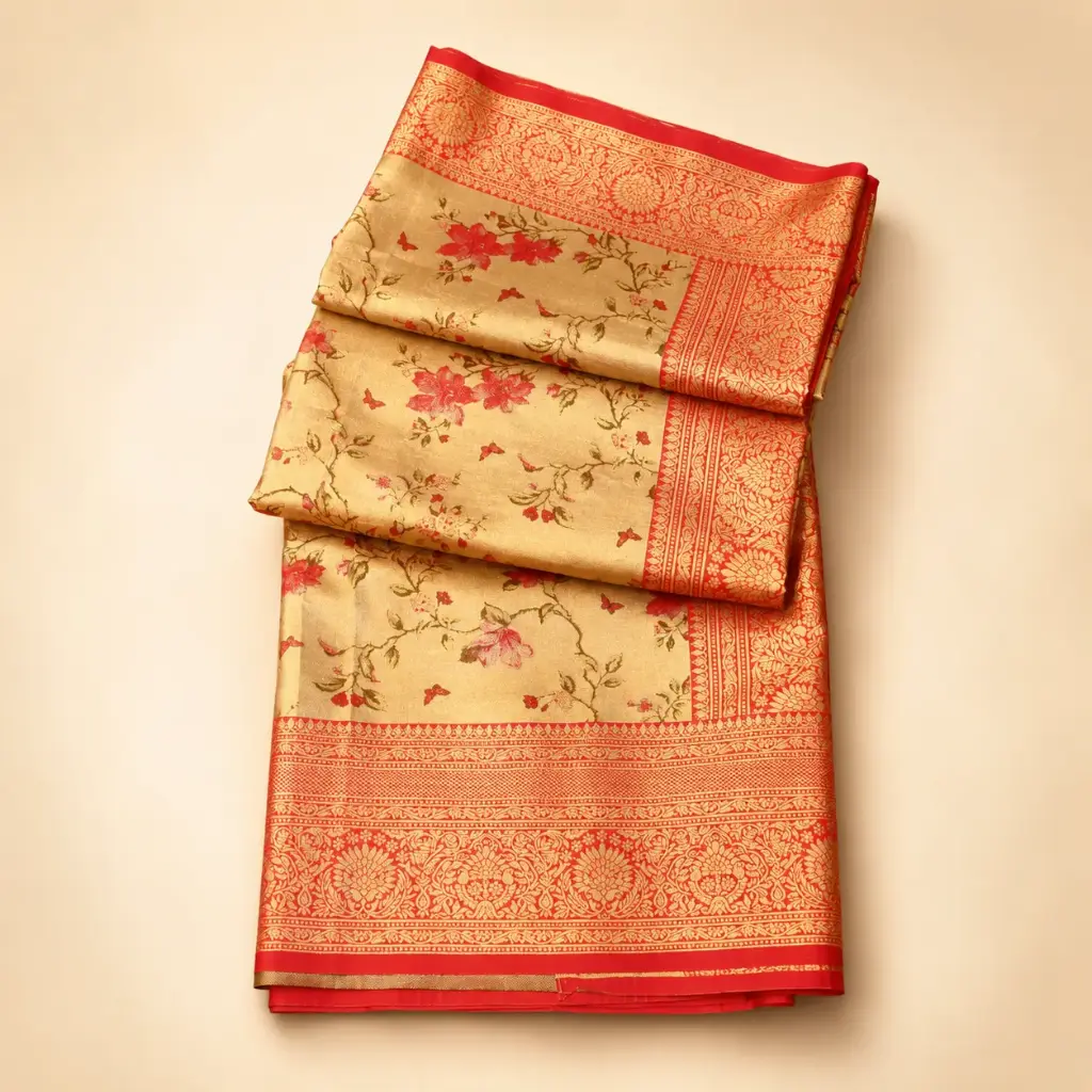 Gold Red Banarasi Style Saree with Floral Zari Border for Festive Wedding Party Wear Women Look Rich 