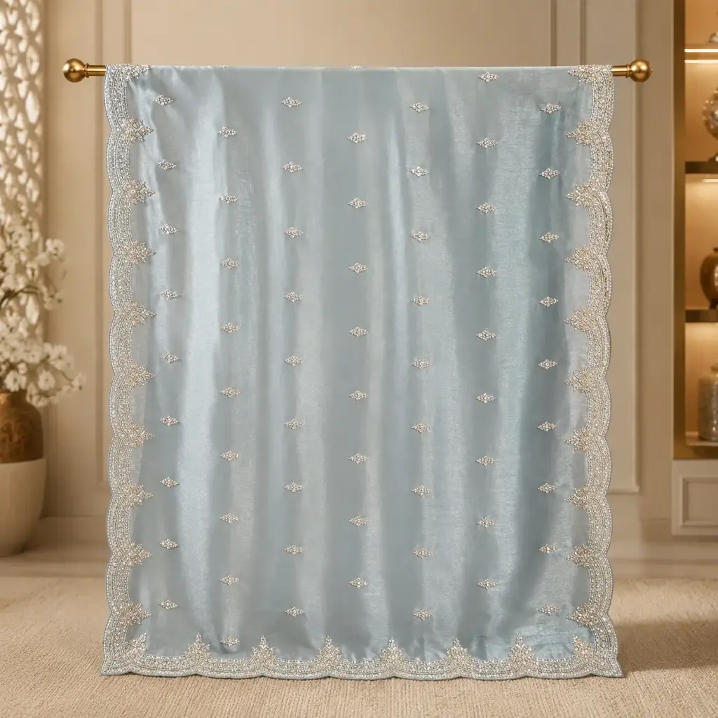 Sky Blue Dupatta with Silver Motifs and Embellished Scalloped Border