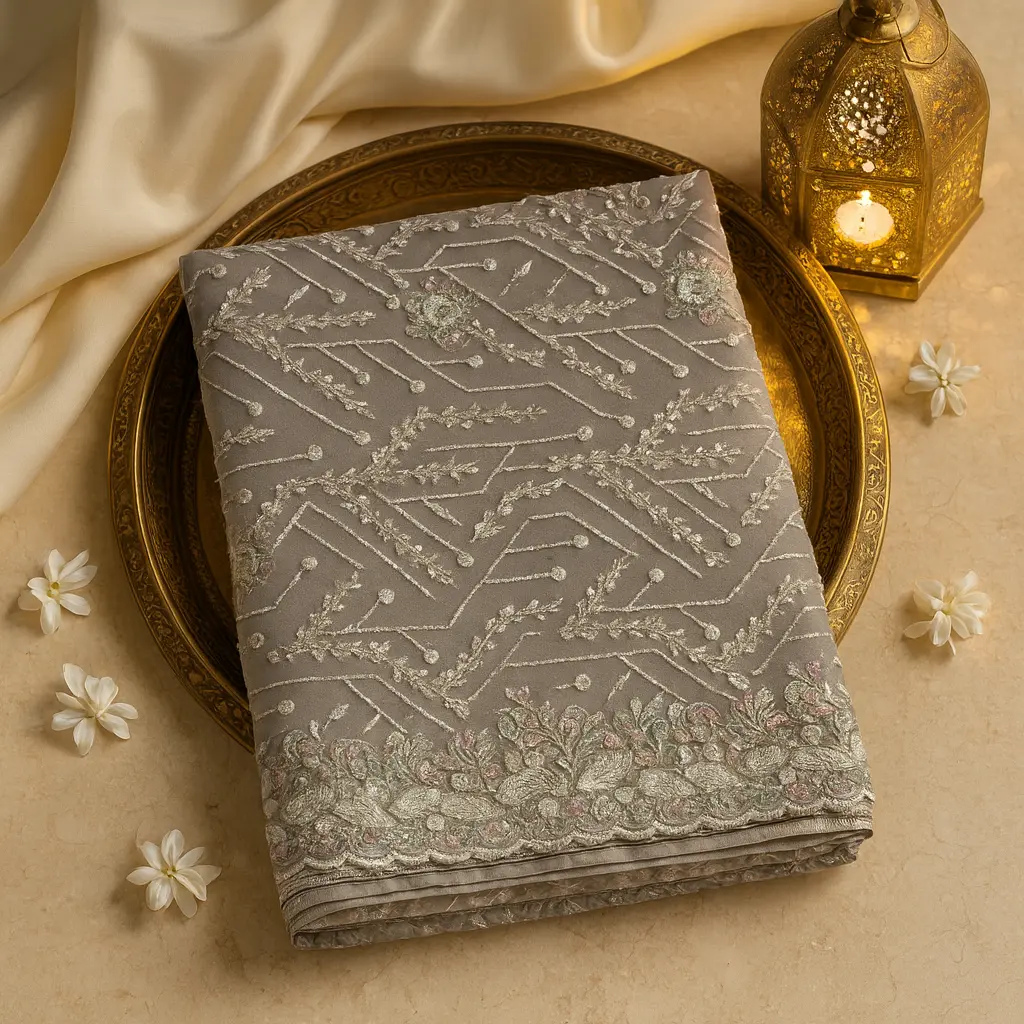 Exquisite Pastel Embellished Net Saree with Floral Embroidery