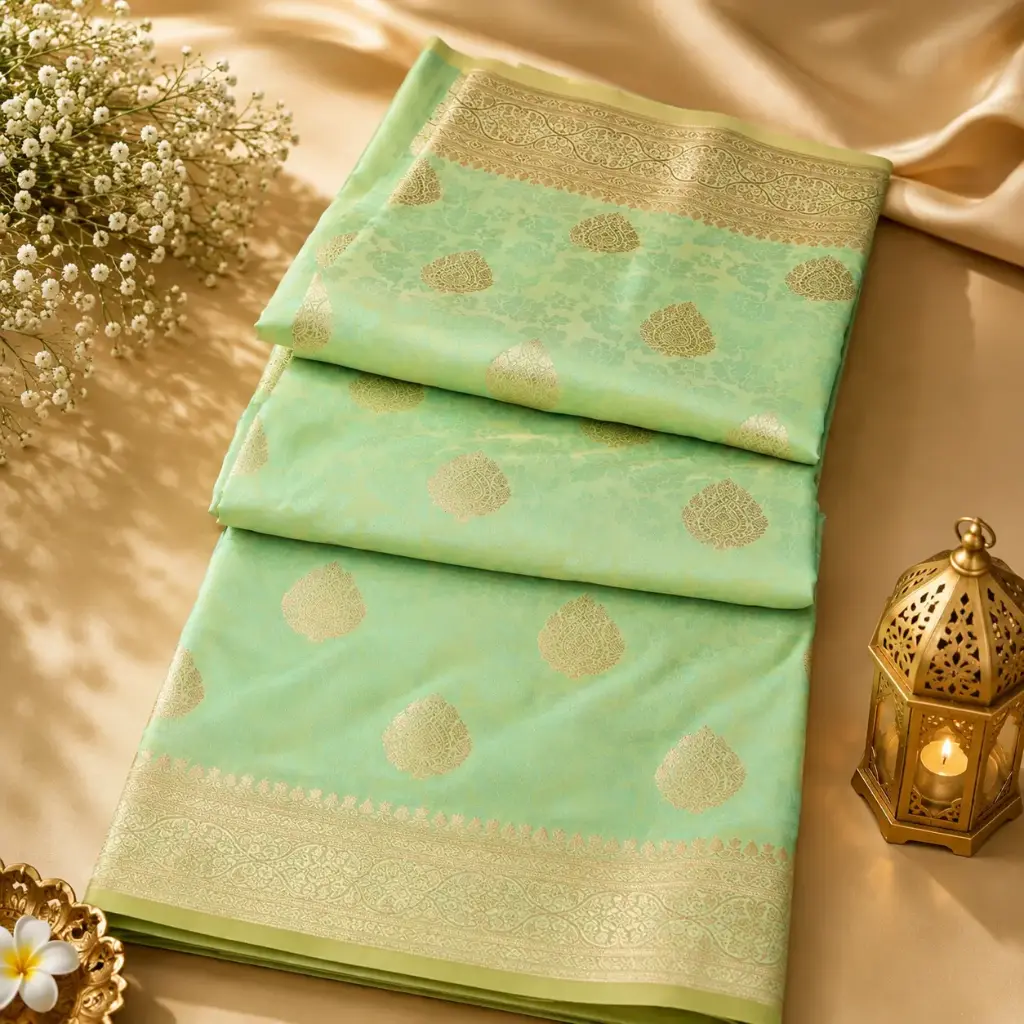 Sea Green Banarasi Silk Saree with Gold Zari Buta