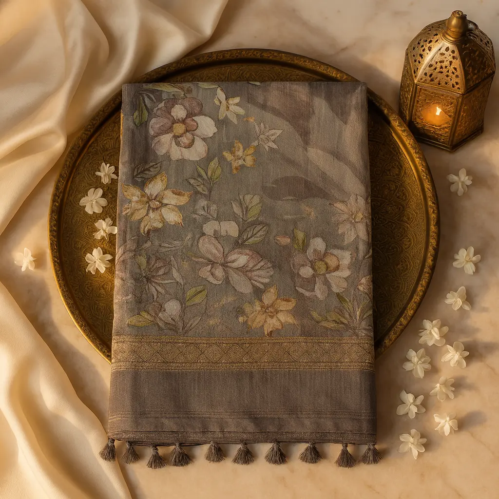 Elegant Grey Floral Print Silk Saree with Zari Border