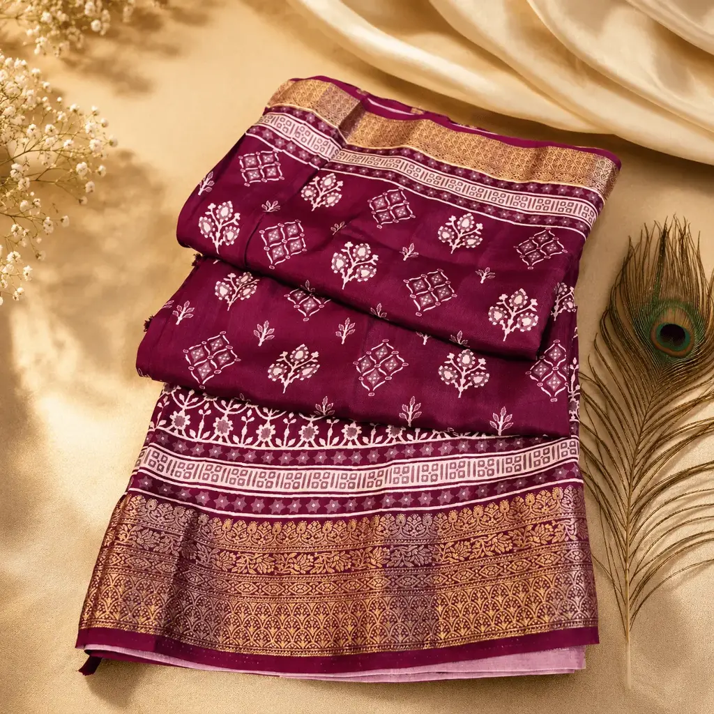 Elegant Purple Soft Silk Saree with Floral Buti Print & Rich Golden Zari Border