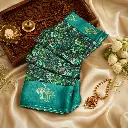 Teal Green Floral Printed Silk Blend Saree with Crane Motif Border