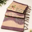 Beige Mauve Floral Printed Linen Look Saree with Tassels, Soft Woven Designer Ethnic Wear 