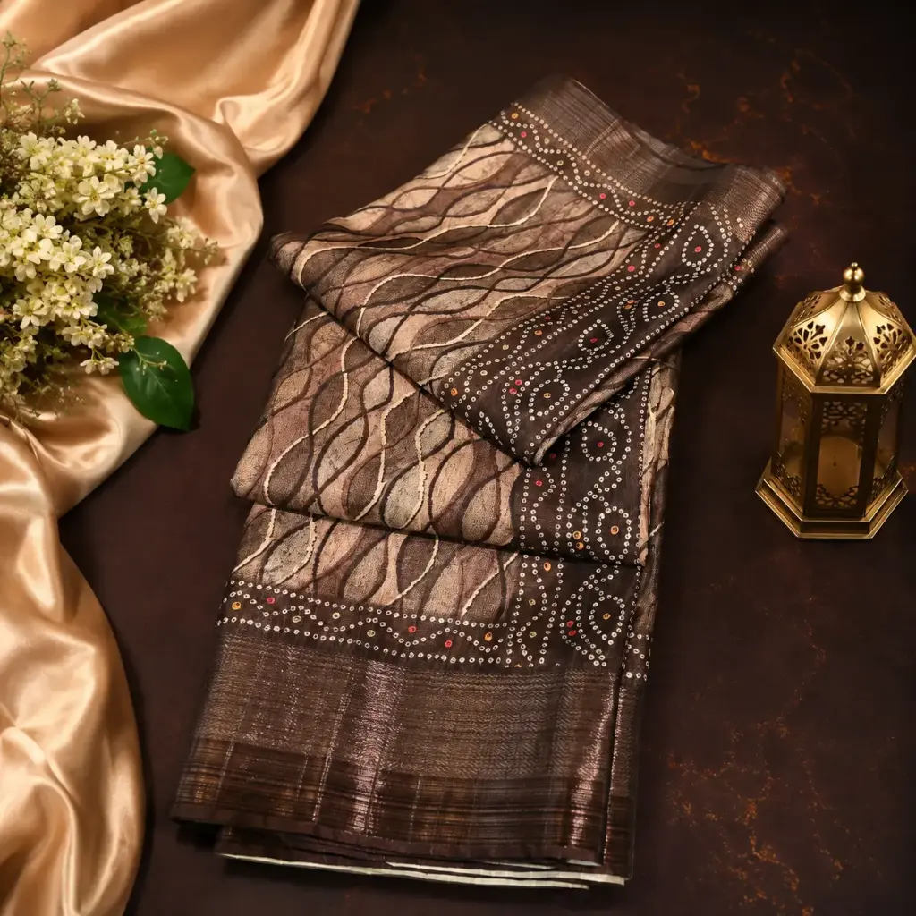 Brown Printed Silk Blend Saree with Abstract Leaf Design & Elegant Border