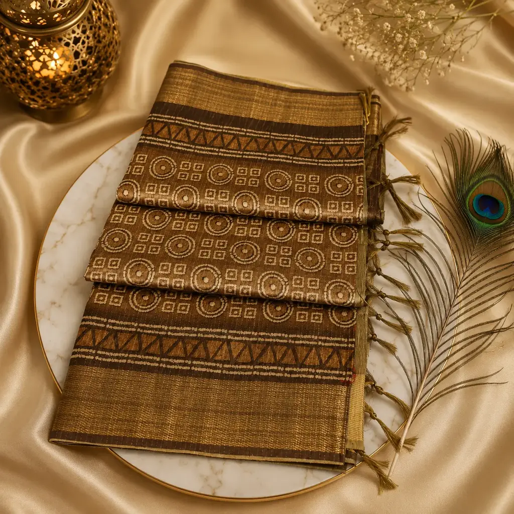 Elegant Brown Cotton Saree with Tribal Geometric Print & Golden Border