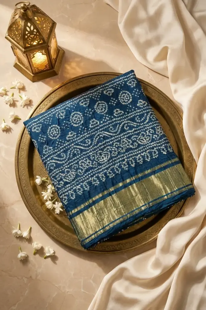 Peacock Blue Gajji Silk Bandhani Saree with Zari Checks