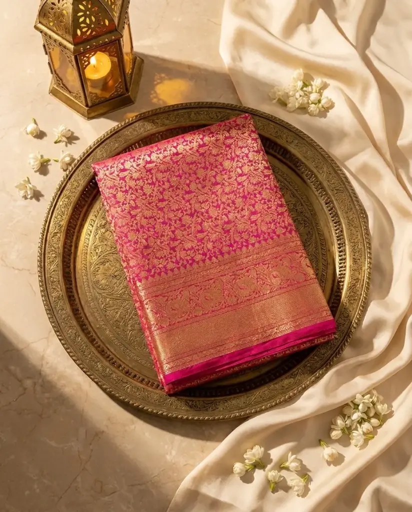 Magenta Pink Kanjivaram Silk Saree with Gold Zari Jaal