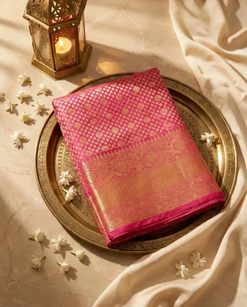 Rani Pink Pure Kanjivaram Silk Saree with Gold Zari