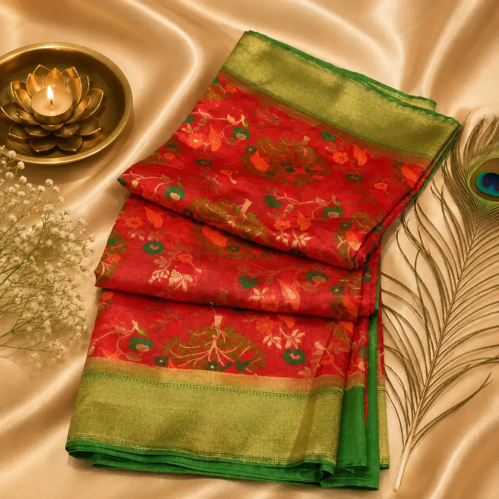 Women's Coral Pink Floral Silk Blend Saree with Green Zari Border