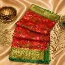 Women's Coral Pink Floral Silk Blend Saree with Green Zari Border