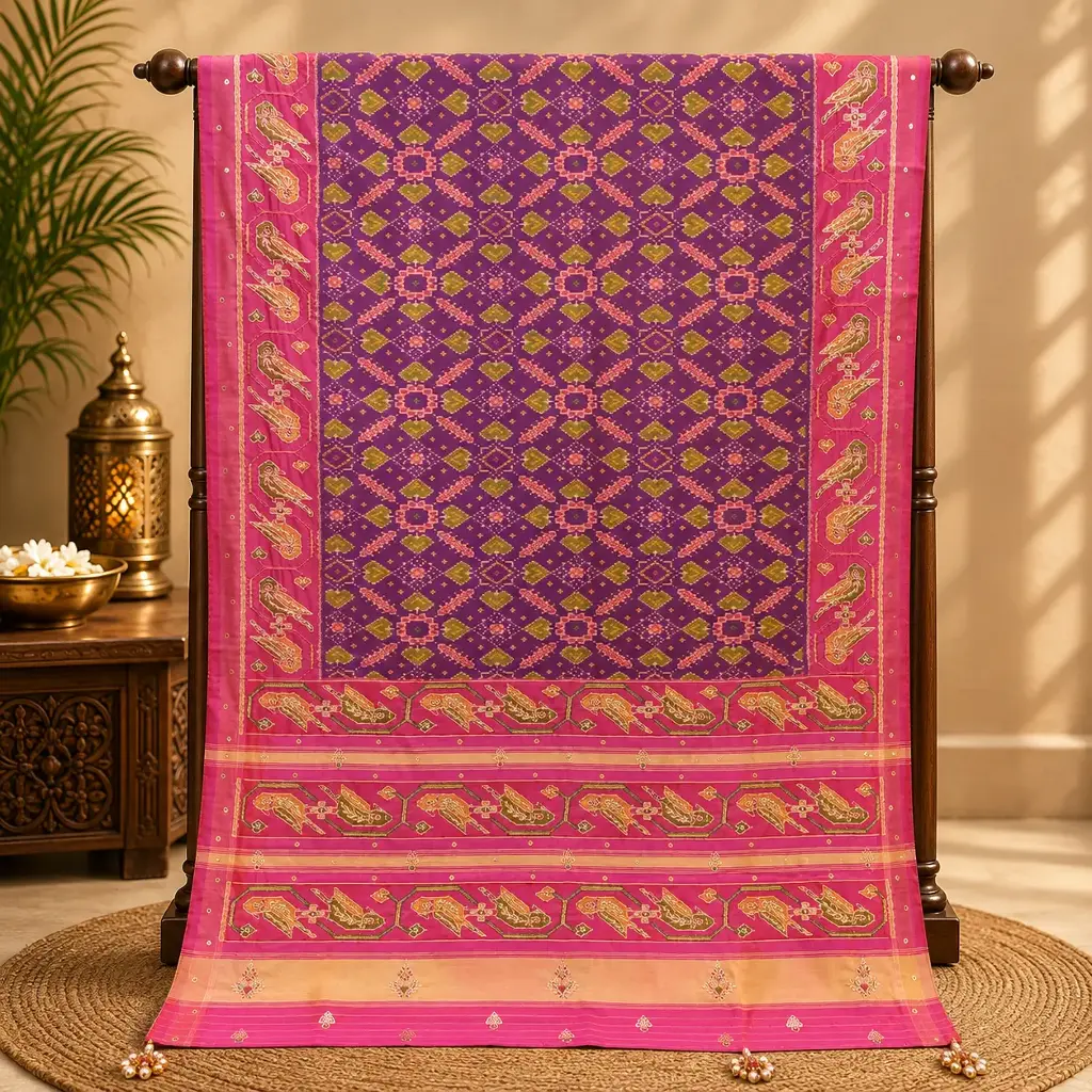 Purple Patola Saree with Geometric Motifs and Pink Bird Border