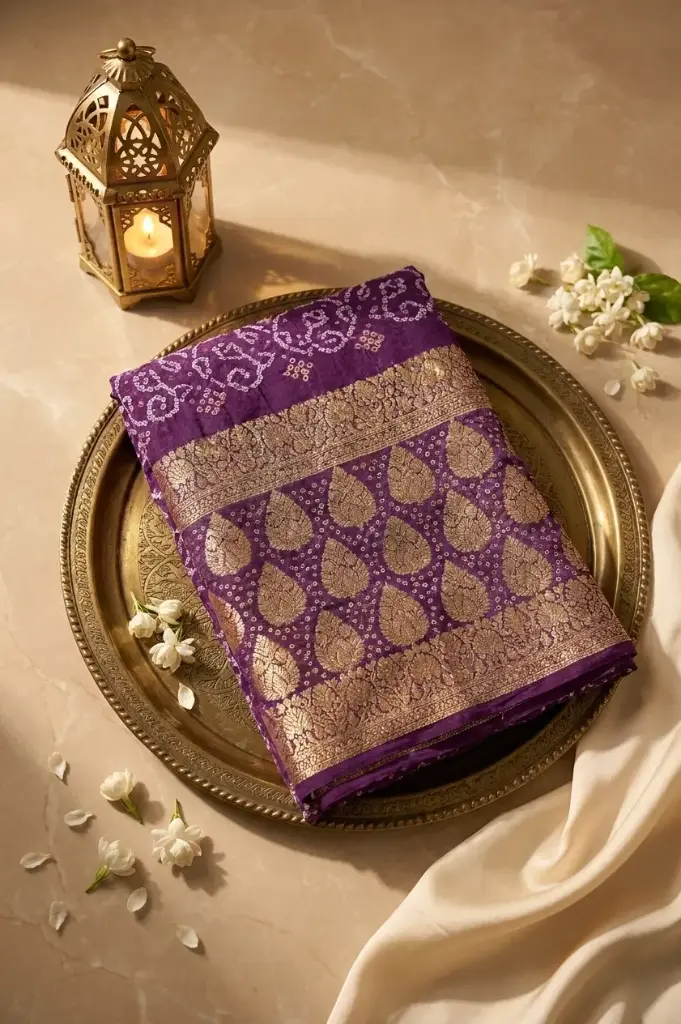 Royal Purple Bandhani Georgette Saree With Banarasi Zari Border