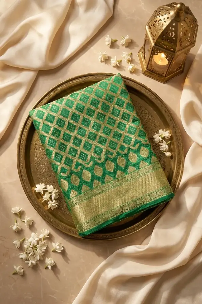 Emerald Green Banarasi Georgette Bandhani Jangla Saree