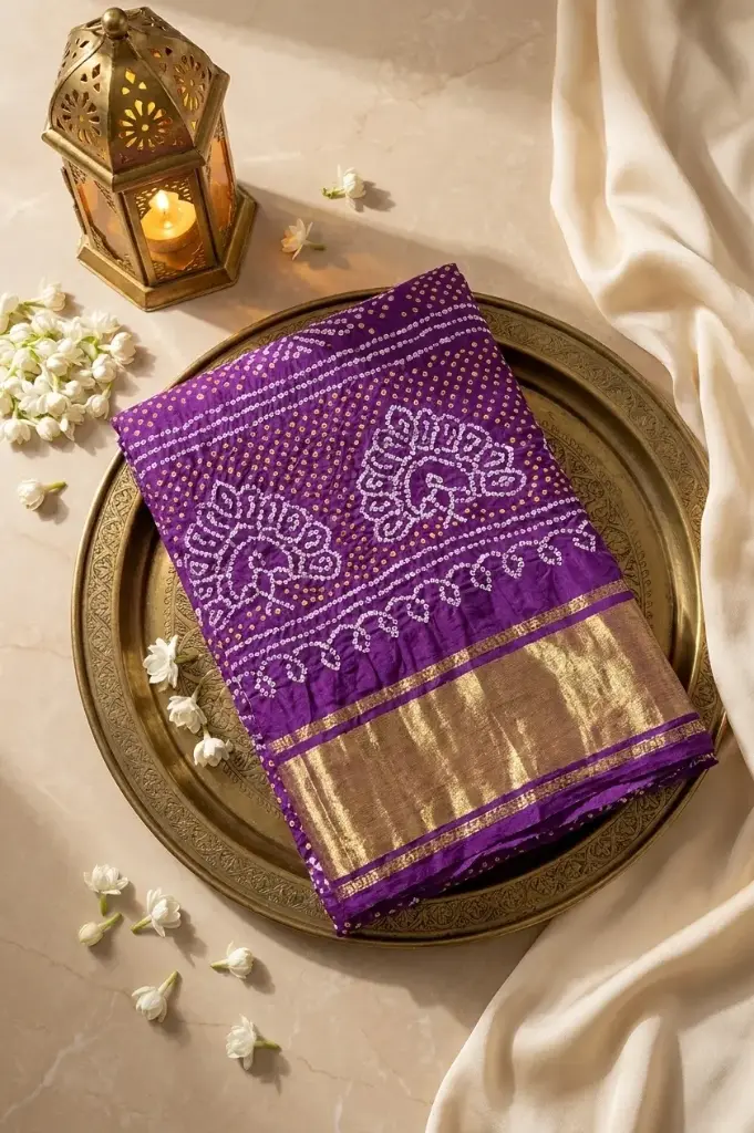 Royal Purple Bandhani Morpankh Saree with Gold Zari Border