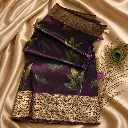 Royal Wine Purple Saree with Golden Zari Border, Leaf Motifs & Tassels