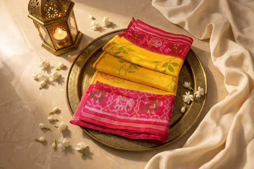 Yellow and Rani Pink Semi Patola Silk Saree