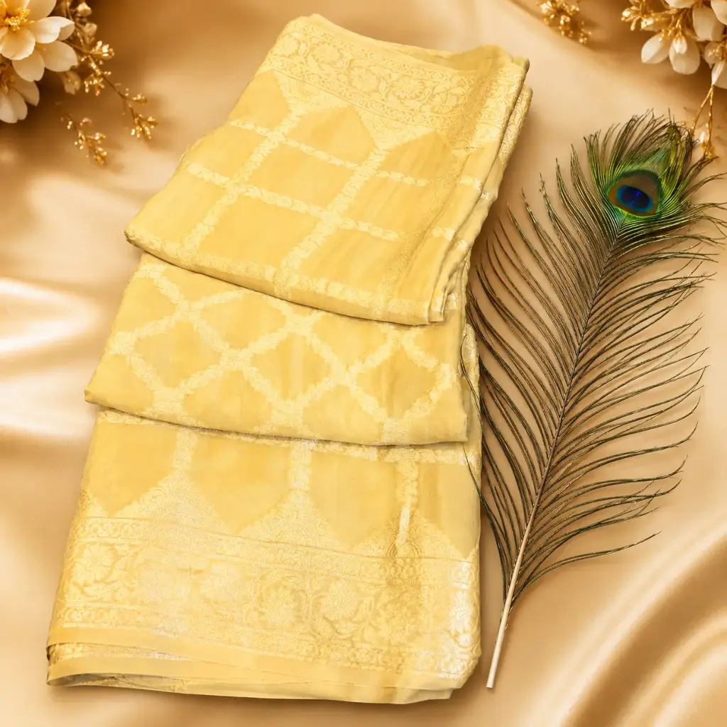 Elegant Ivory Gold Banarasi Silk Saree with Geometric Weave & Rich Zari Border