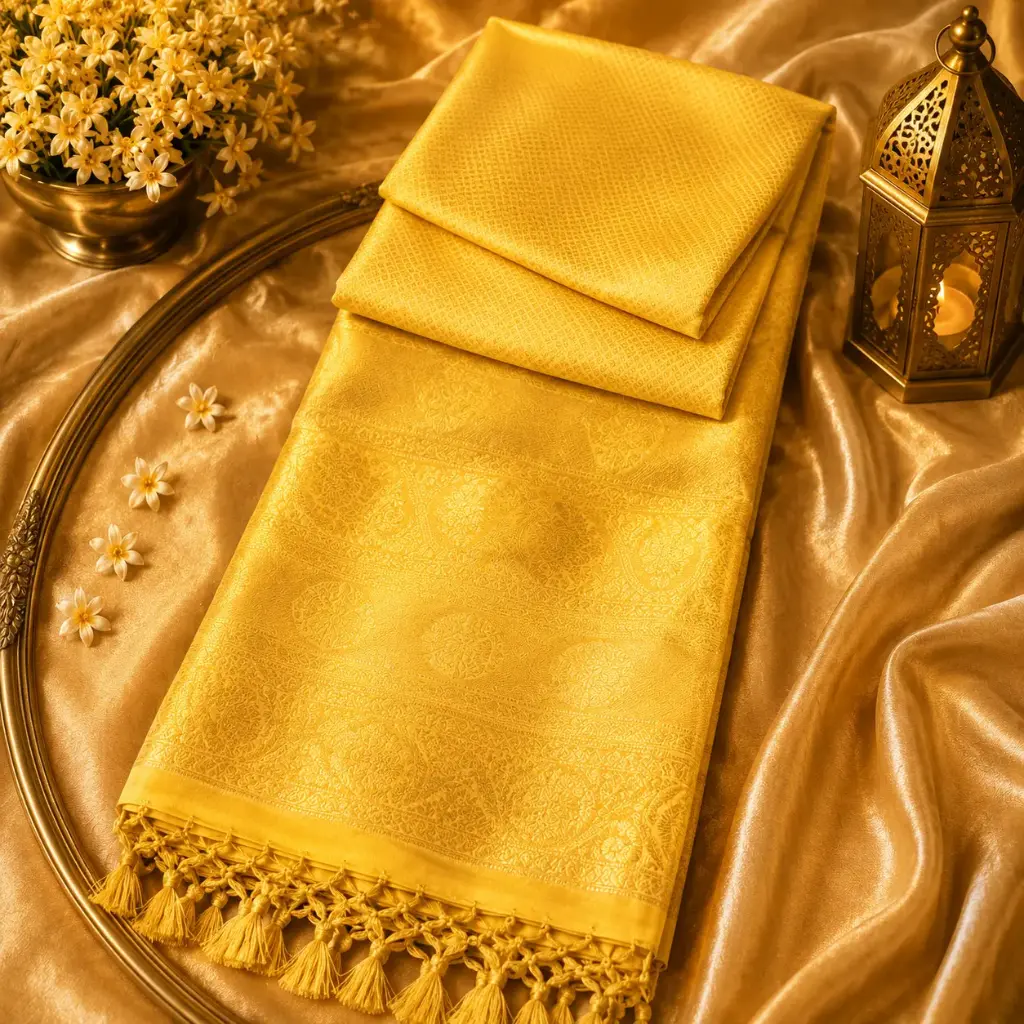 Golden Yellow Banarasi Silk Saree with Self Woven Jacquard Design & Elegant Tassel Pallu for Women 