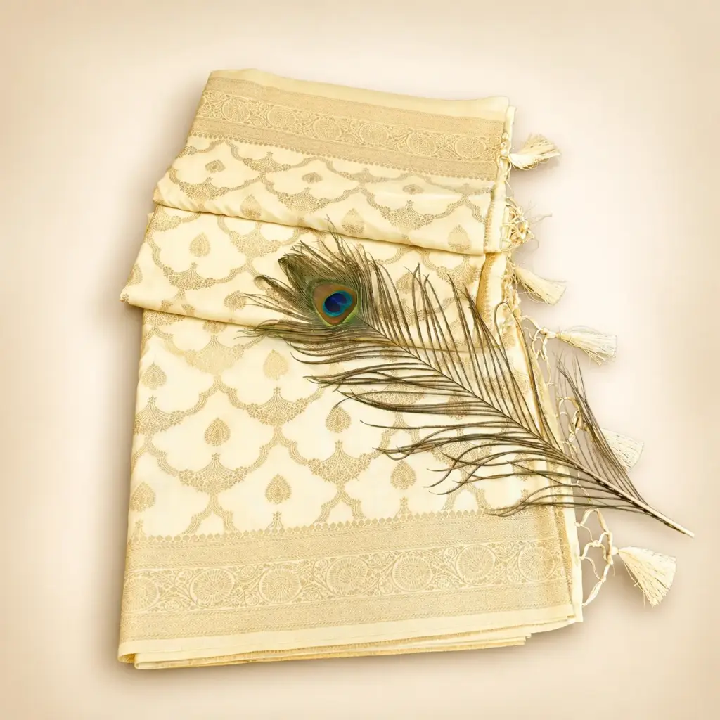 Cream Gold Banarasi Style Saree with Tassel Pallu and Traditional Zari Border Party Wear Look Women. 