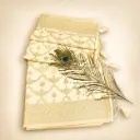 Cream Gold Banarasi Style Saree with Tassel Pallu and Traditional Zari Border Party Wear Look Women. 