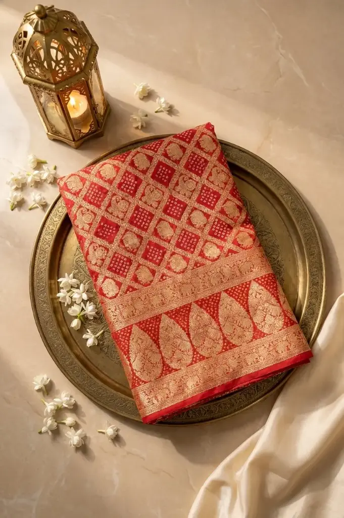 Crimson Red Banarasi Bandhani Silk Saree in Golden Zari