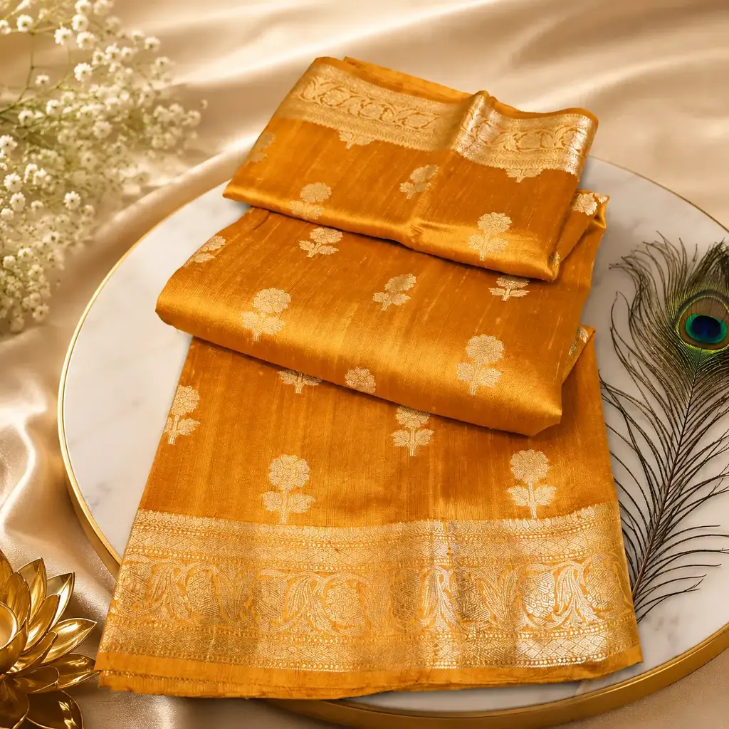Elegant Mustard Gold Silk Saree with Silver Zari Floral Motifs & Rich Woven Border
