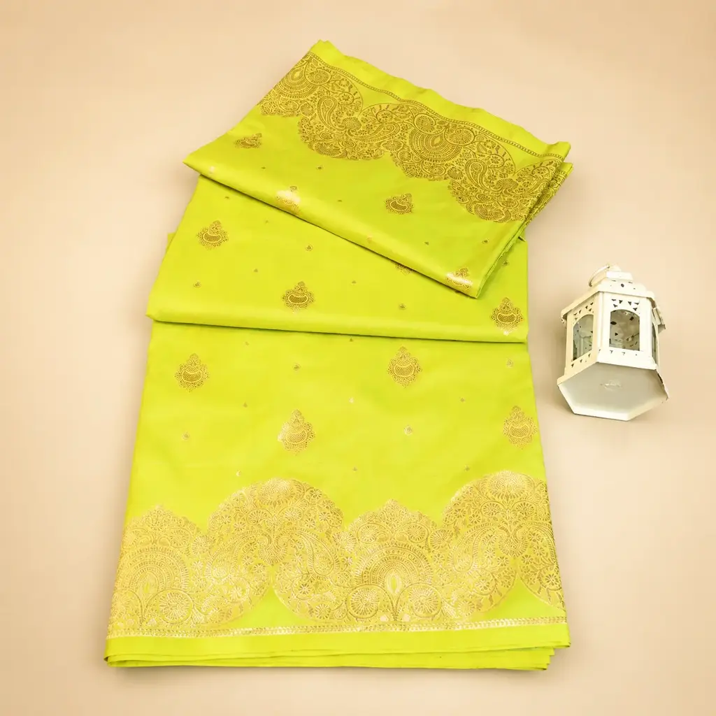 Lime Yellow Banarasi Style Saree with Gold Paisley Zari Border
