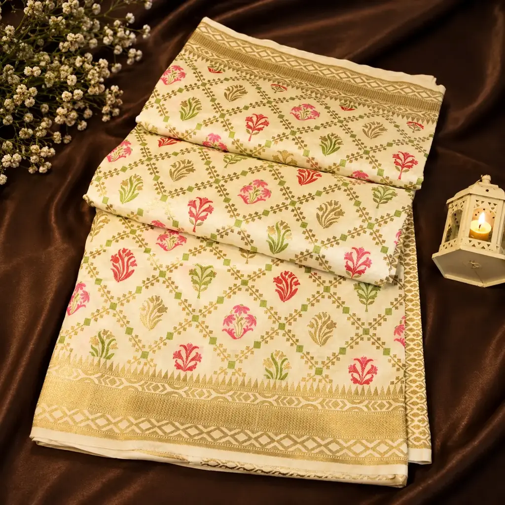 Elegant Ivory Floral Soft Silk Saree with Multicolor Woven Motifs