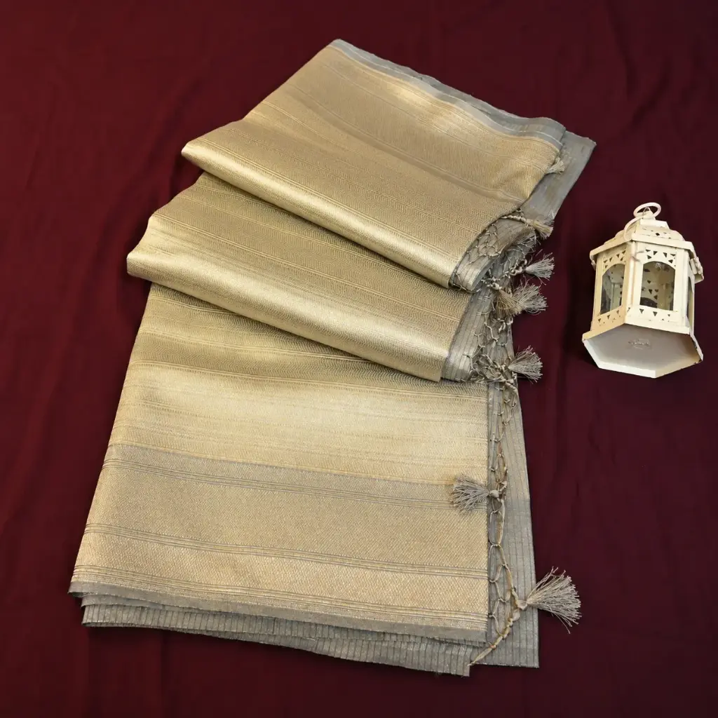 Elegant Gold Grey Banarasi Style Saree with Tassel Pallu and Woven Zari Border