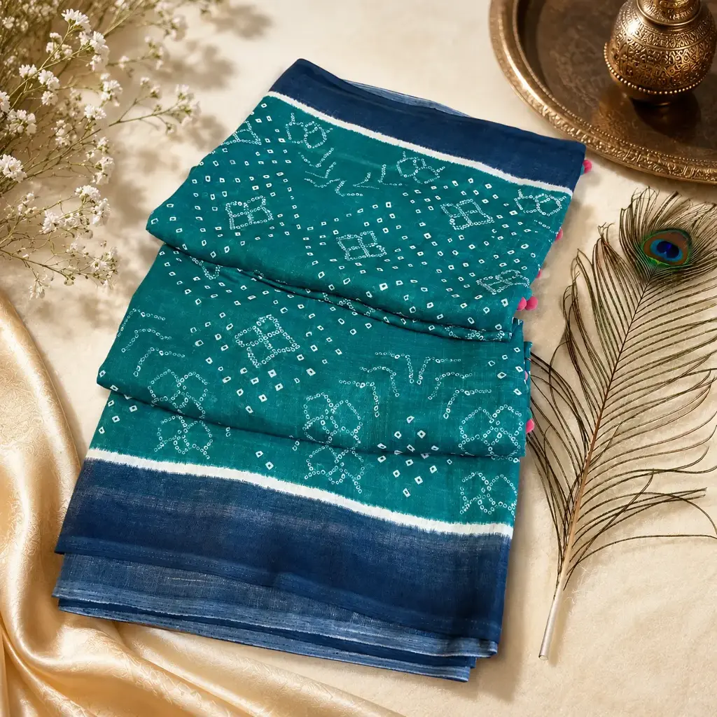 Elegant Teal Blue Bandhani Cotton Saree with Indigo Border