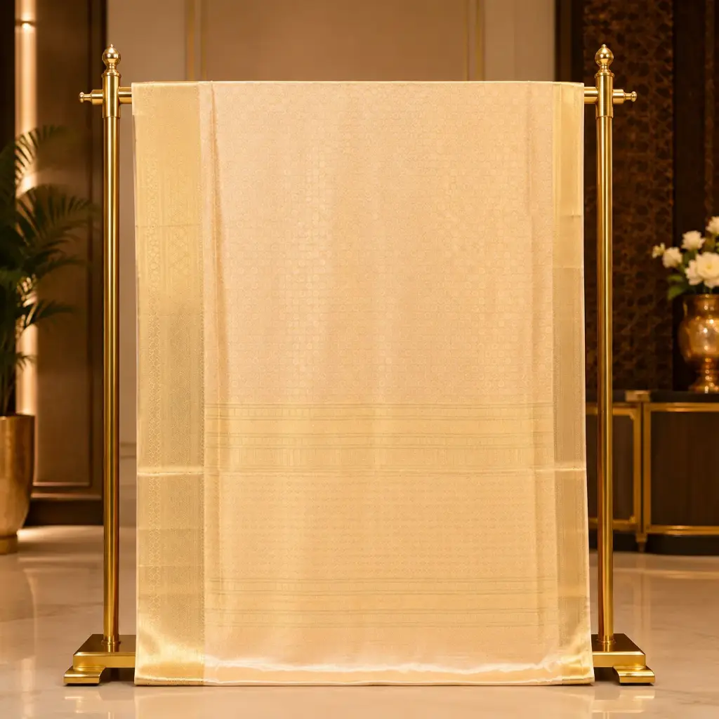 Elegant Champagne Gold Woven Saree with Geometric Motifs and Ornate Pallu