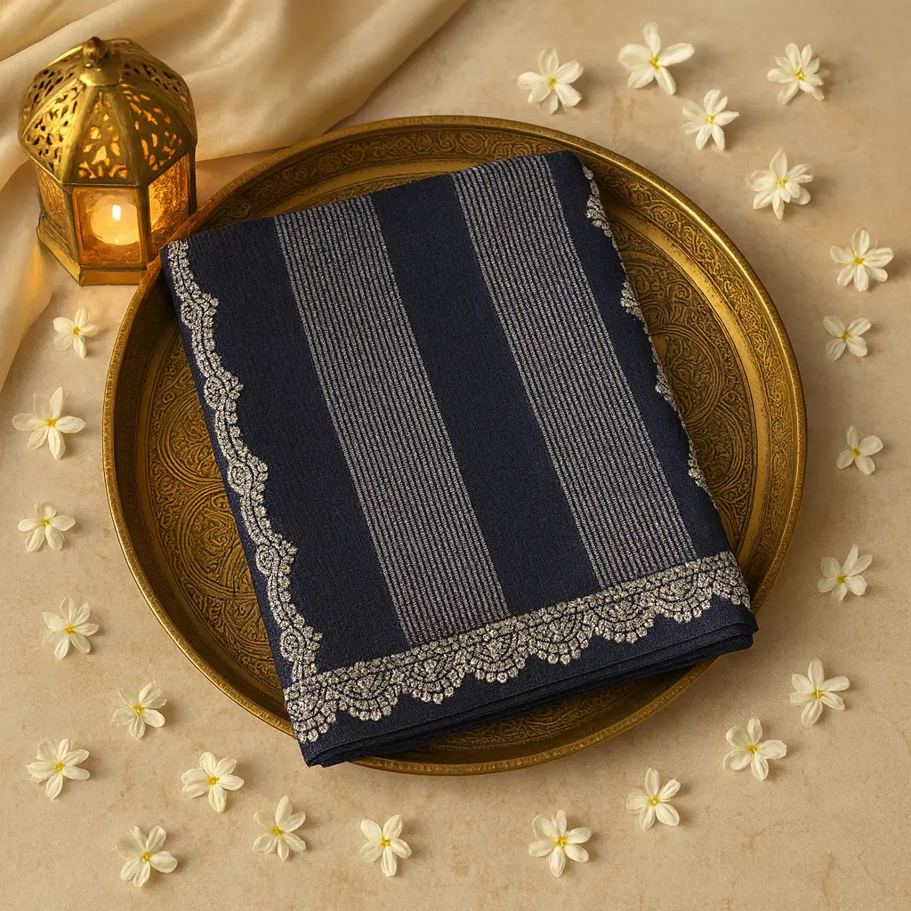 Midnight Blue Designer Saree with Elegant Sequin Stripe Detail