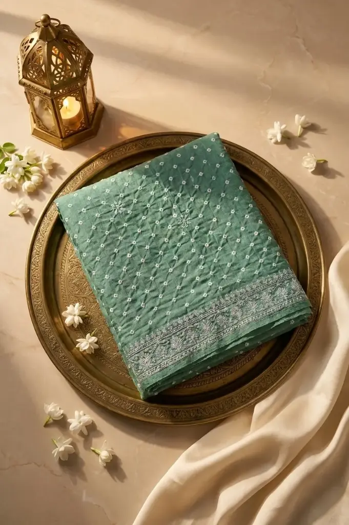 Sage Green Bandhani Silk Saree With Tonal Floral Embroidery