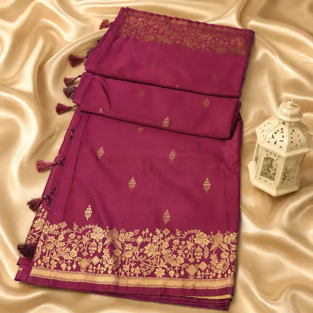 Wine Magenta Silk Saree with Gold Zari Floral Border & Tassels