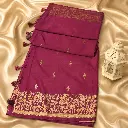 Wine Magenta Silk Saree with Gold Zari Floral Border & Tassels