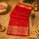 Elegant Coral Red Banarasi Silk Saree with Golden Zari Border and Butta Work