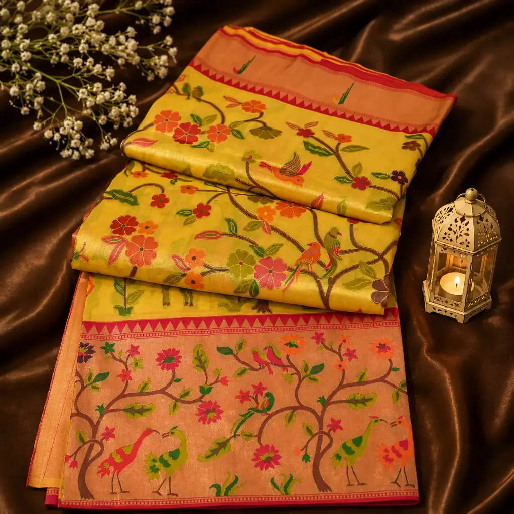 Elegant Mustard Yellow Paithani Style Silk Saree with Bird & Floral Design