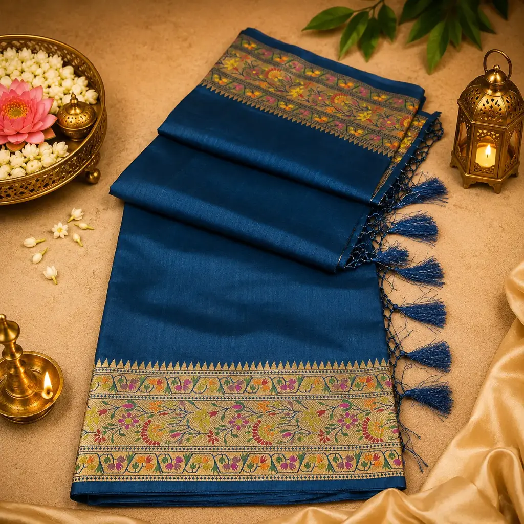 Teal Blue Silk Saree with Floral Zari Border