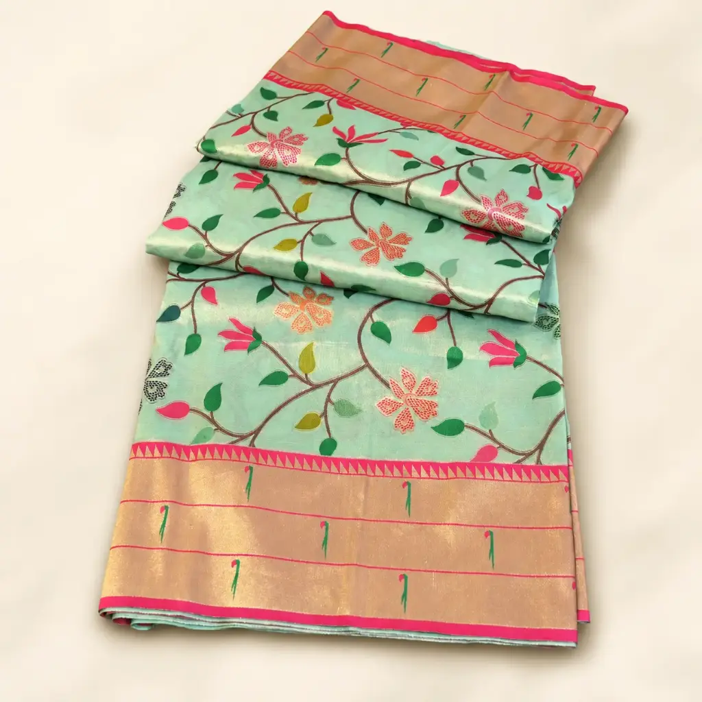Aqua Green Banarasi Style Saree with Multicolor Floral Vine