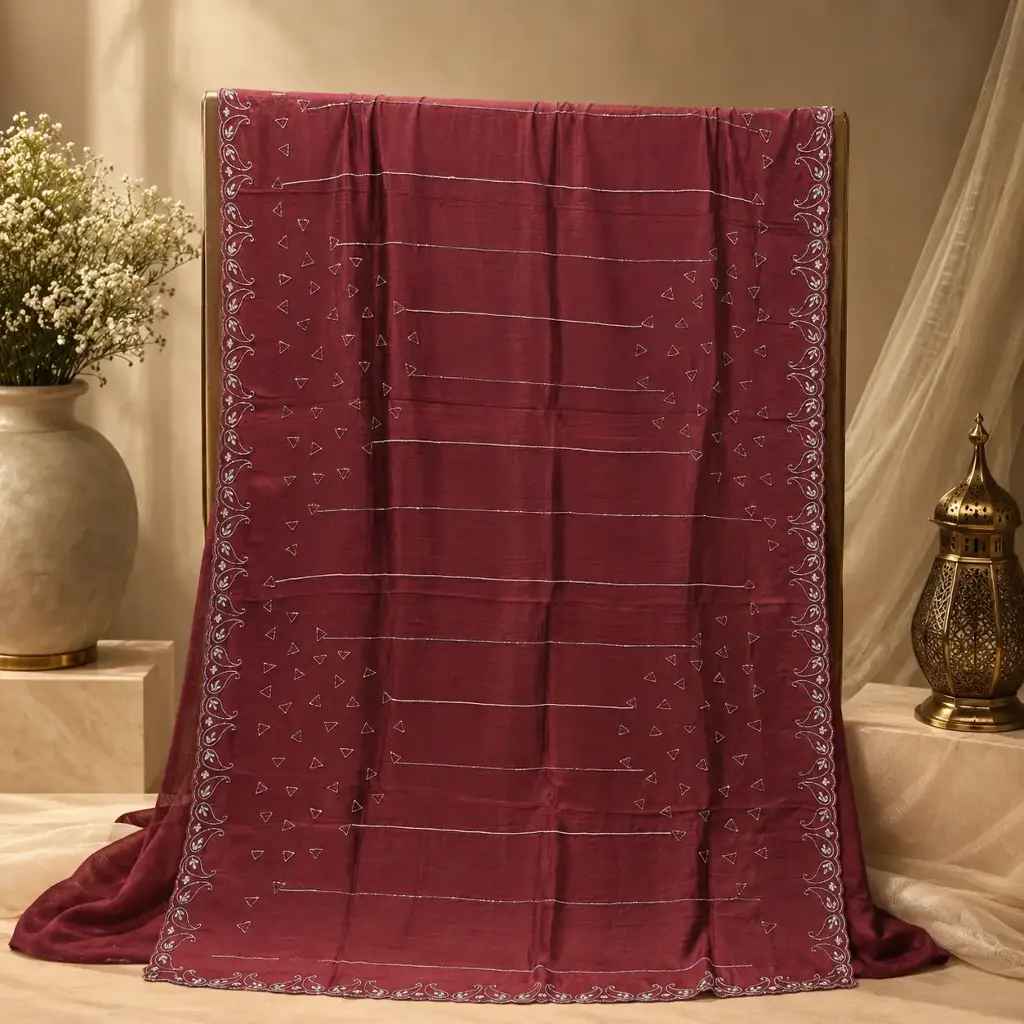 Wine Embellished Saree with Subtle Striped Design and Sequins for Festive Party Wear Look