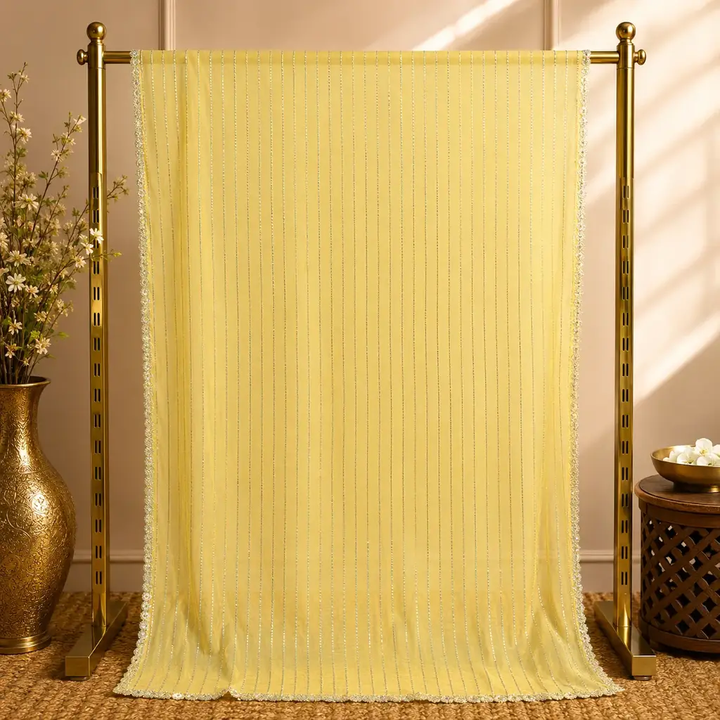 Soft Yellow Striped Saree with Silver Detailing for Wedding, Festive and Party Wear