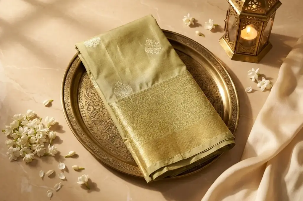 Elegant Olive Green Silk Saree with Rich Zari Border
