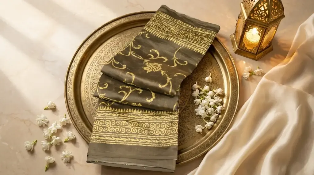 Olive Charcoal Batik Printed Silk Saree with Geometric Border
