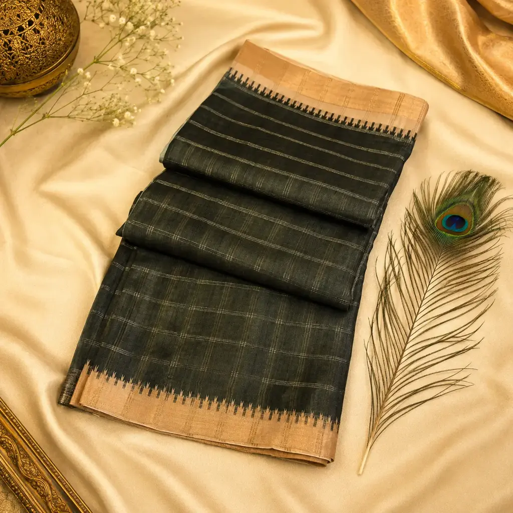 Charcoal Grey Kanjivaram Silk Saree with Beige Zari Border