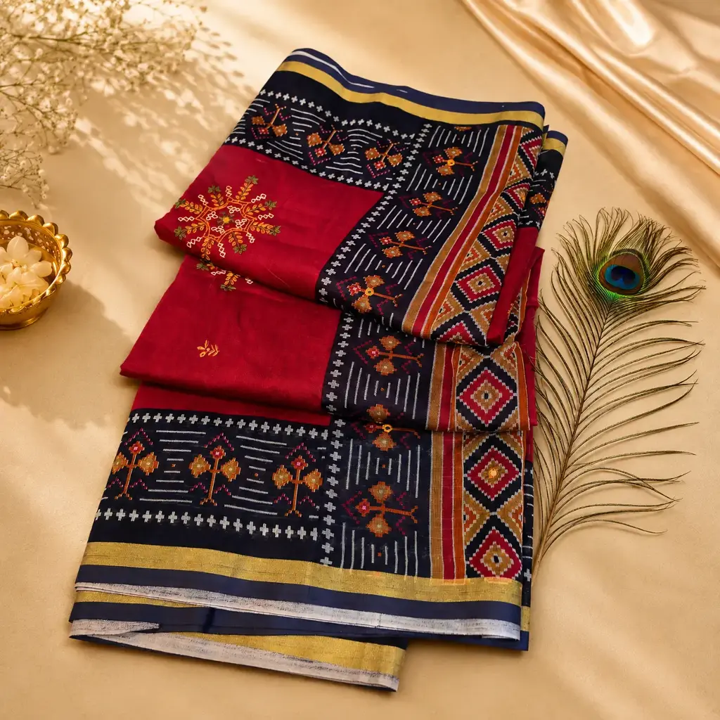 Elegant Maroon Cotton Saree with Traditional Woven Border & Embroidered