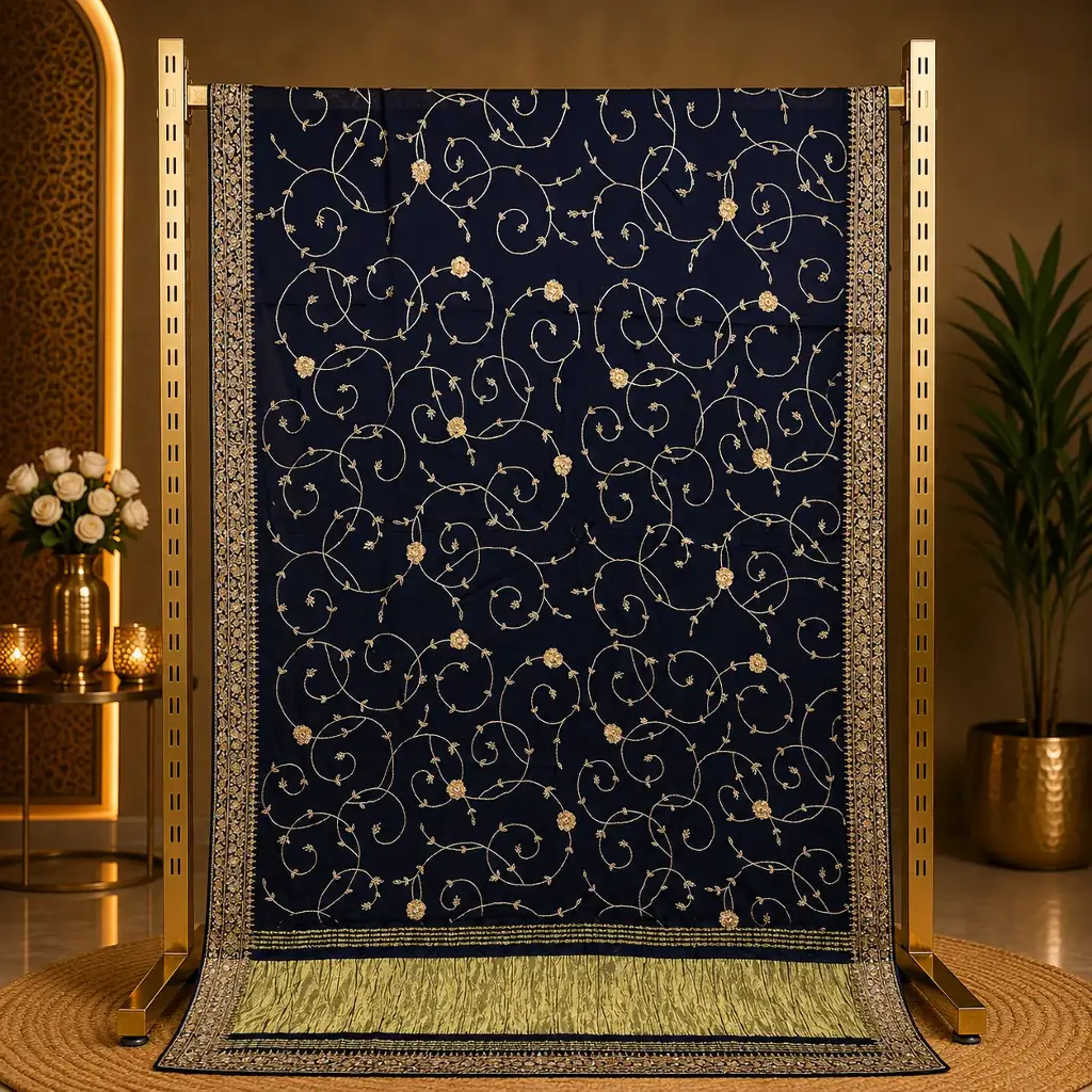 Elegant Navy Blue Saree with Gold Floral Vine Embroidery and Ornate Metallic Border